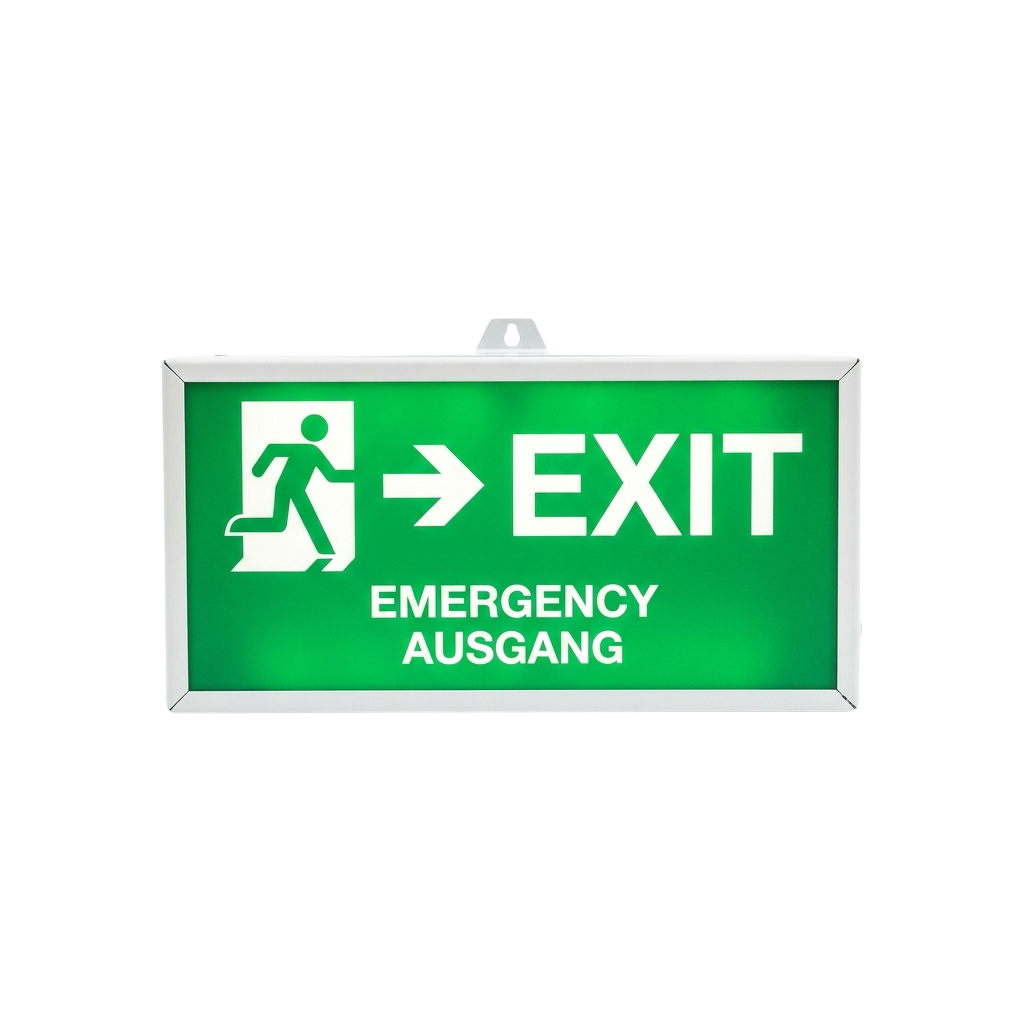Emergency exit sign in green with white arrow pointing right, text EXIT and EMERGENCY AUSGANG