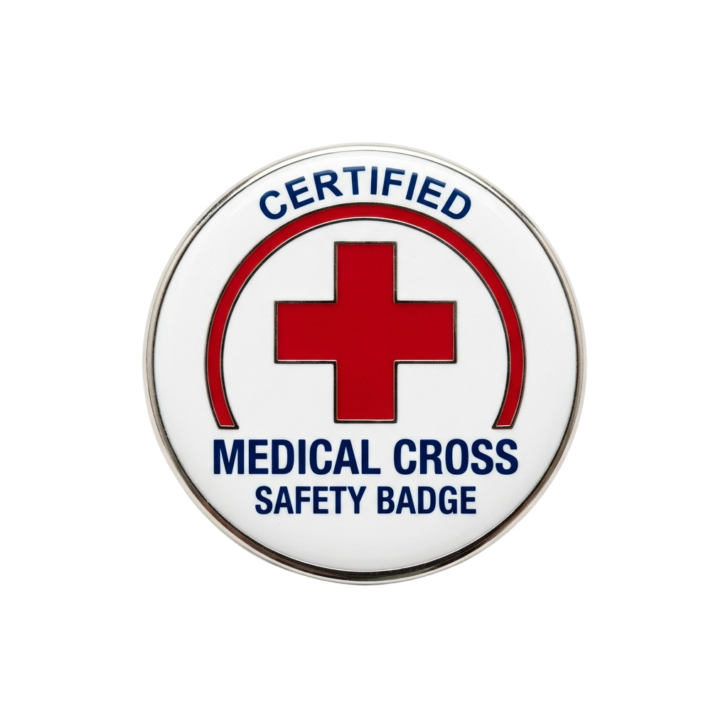 Round badge featuring a red cross on white background with Certified Medical Cross Safety Badge text in blue