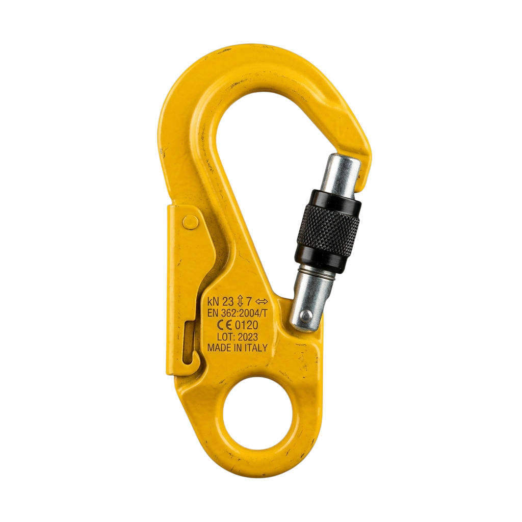 Bright yellow carabiner with a metal screw gate and EN 362 certification marking 23 kN strength rating