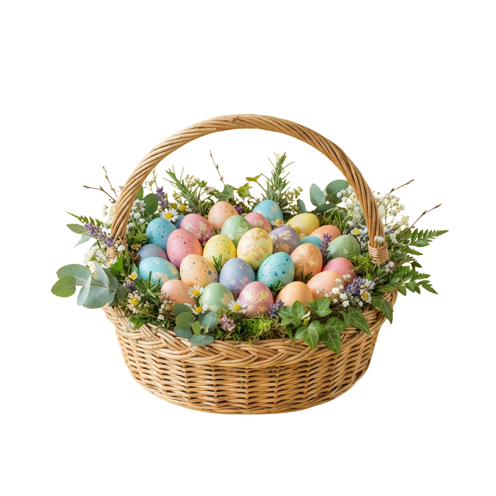 Wicker basket filled with pastel Easter eggs and greenery flowers