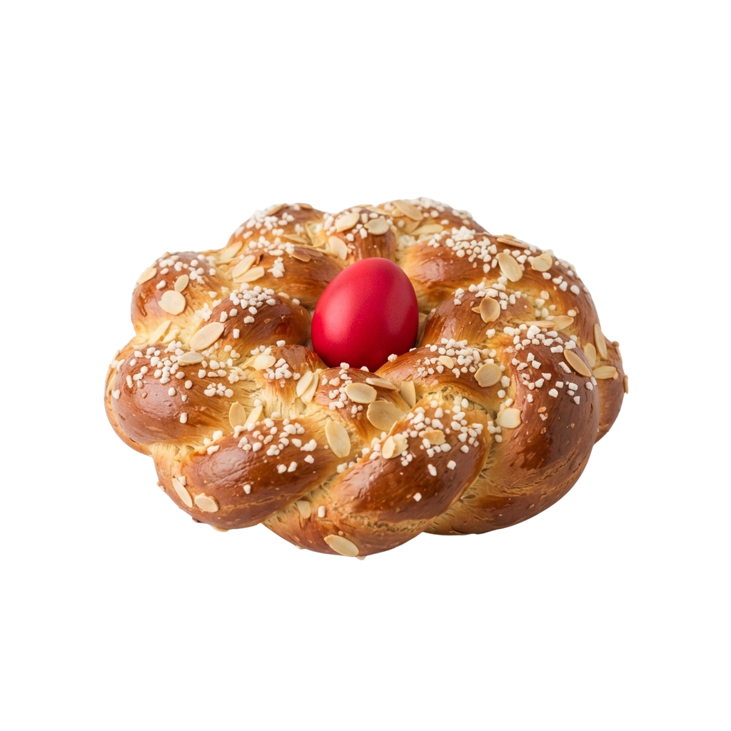 Braided bread with a red egg placed in the center, topped with sliced almonds and coarse sugar crystals