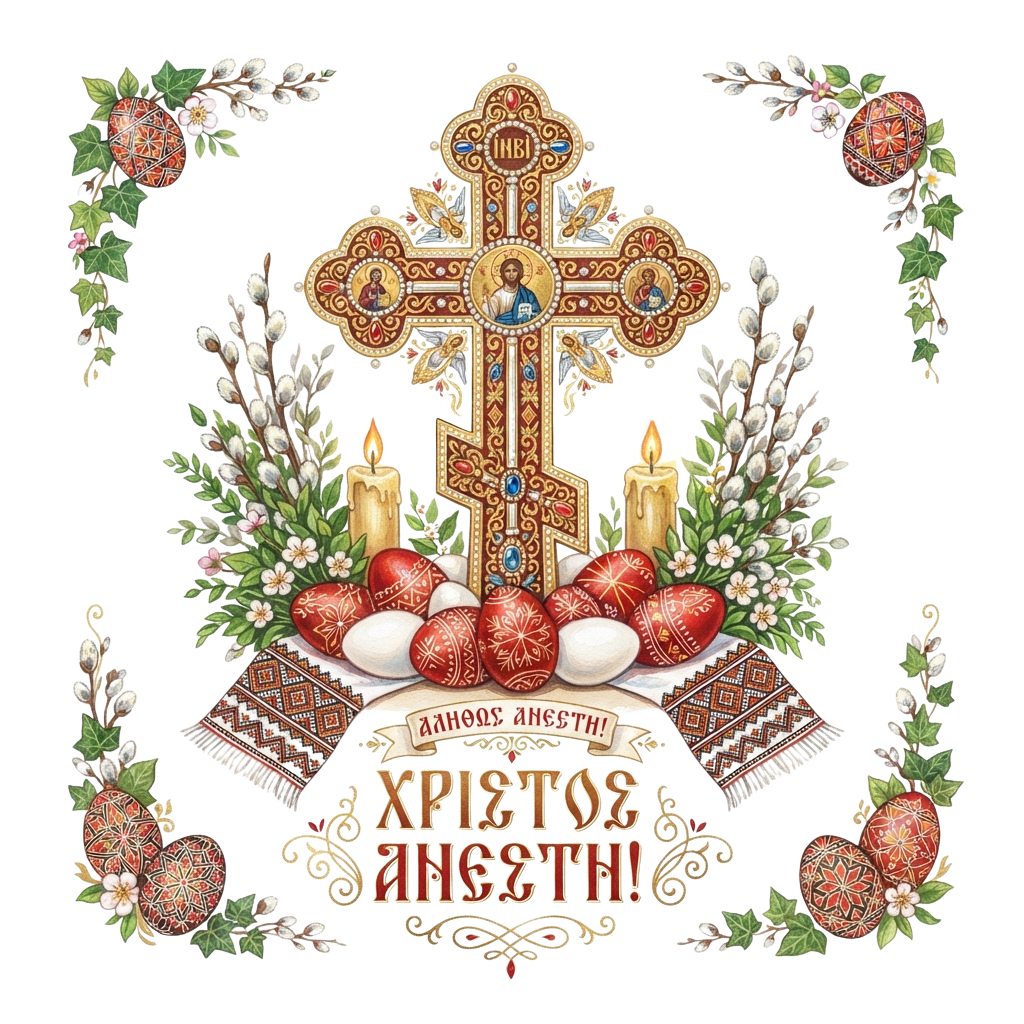 Orthodox Easter cross with decorated eggs, candles, and floral patterns on black background