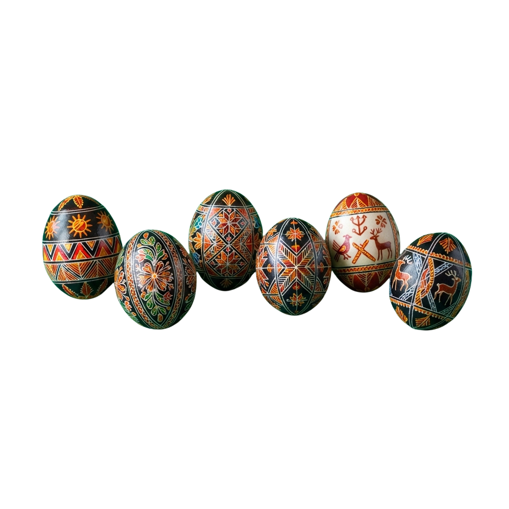 Six intricately decorated Easter eggs featuring vibrant geometric and floral designs in green, orange, and black.