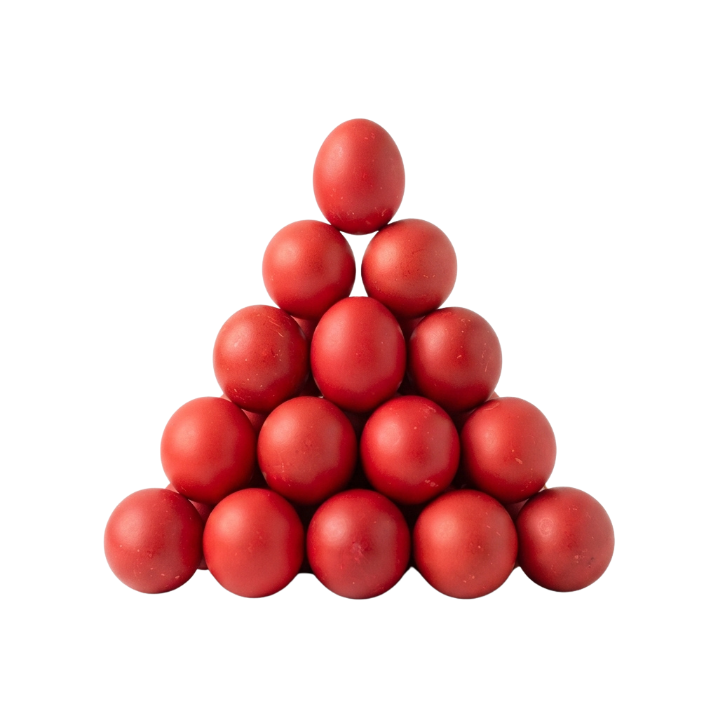 Pyramid arrangement of red spherical objects against a black background