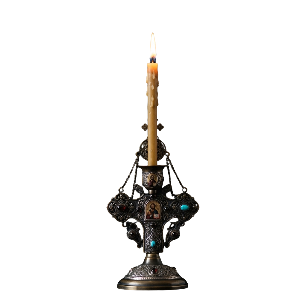 Decorative metal candle holder with intricate designs and a lit candle on top