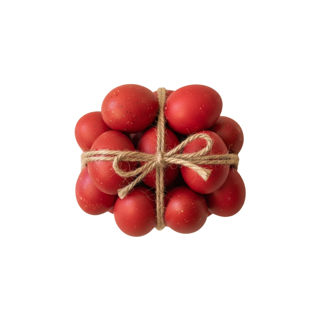 A bundle of small red tomatoes tied together with natural twine against a black background
