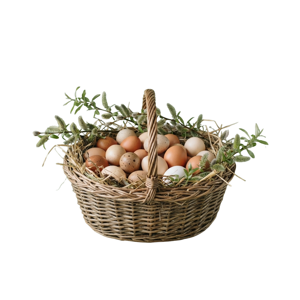 A woven basket holding a variety of eggs surrounded by green foliage