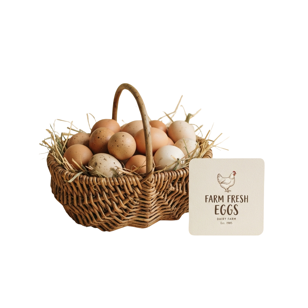 Wicker basket filled with brown and speckled eggs, straw lining, and a tag reading Farm Fresh Eggs