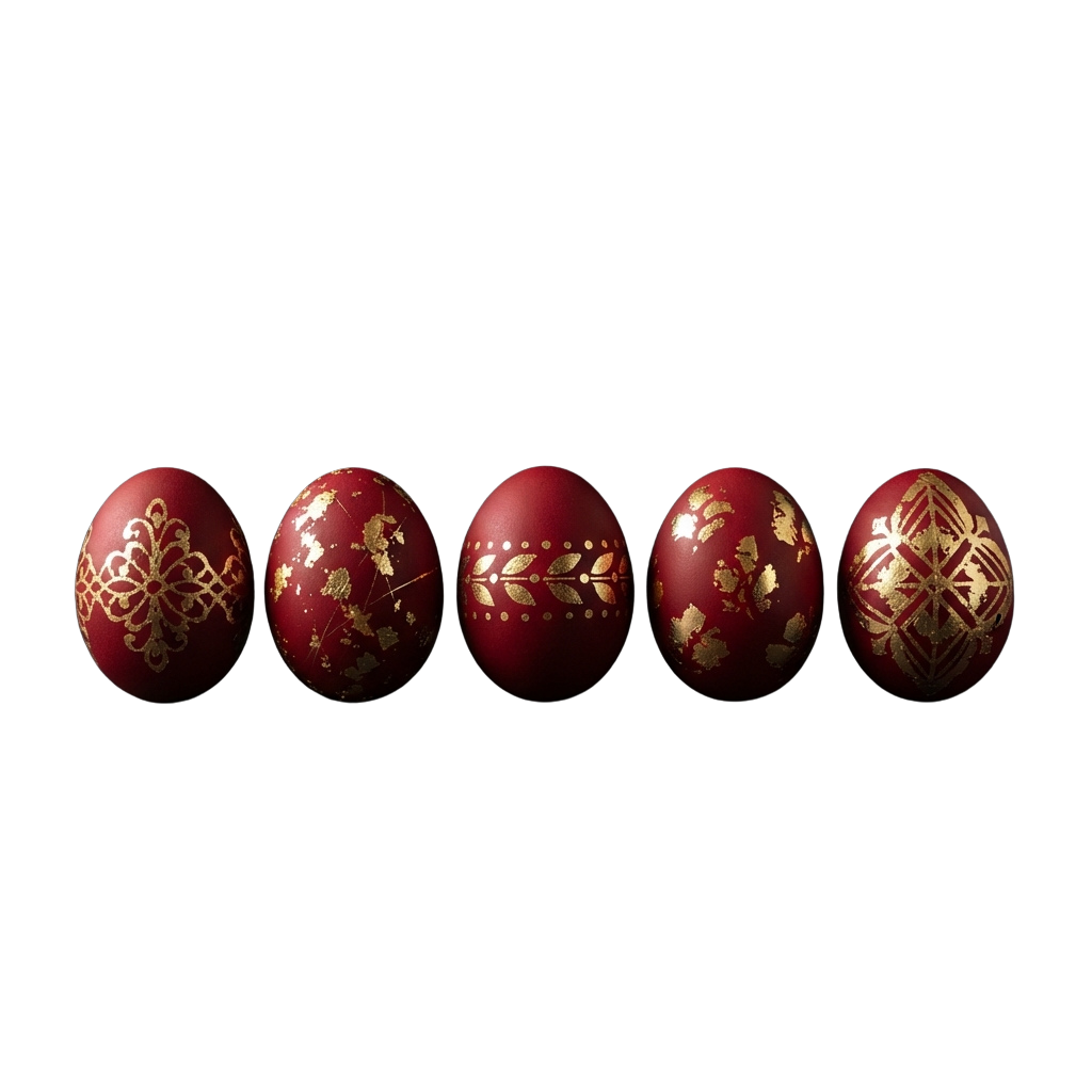 Five red eggs with intricate gold designs aligned in a row