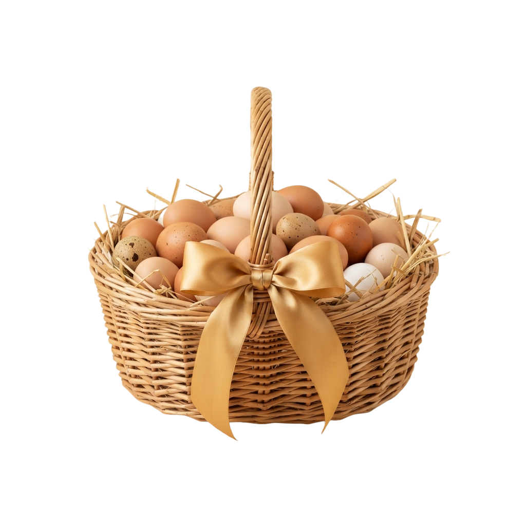 Wicker basket filled with colorful Easter eggs and straw lining, tied with a golden ribbon