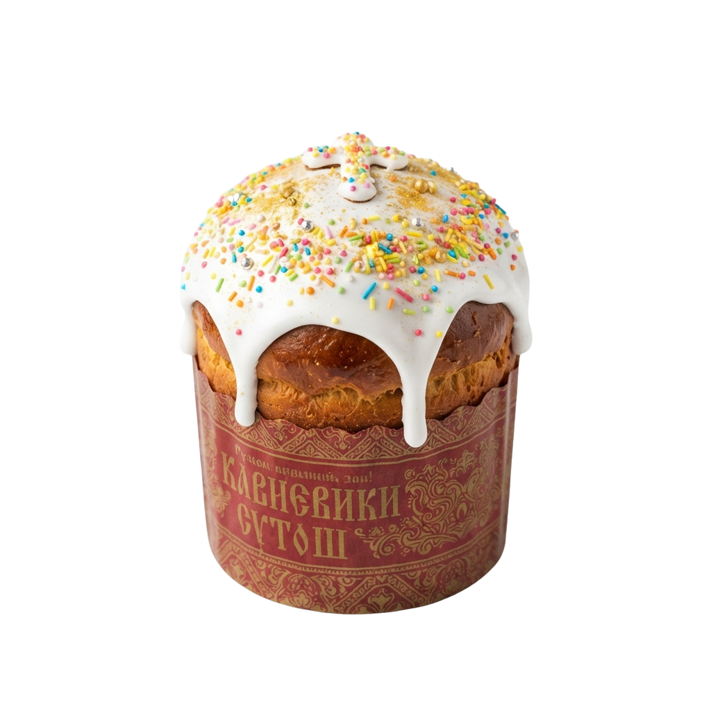 Decorative pastry with white icing, colorful sprinkles, and a small top decoration on a red box