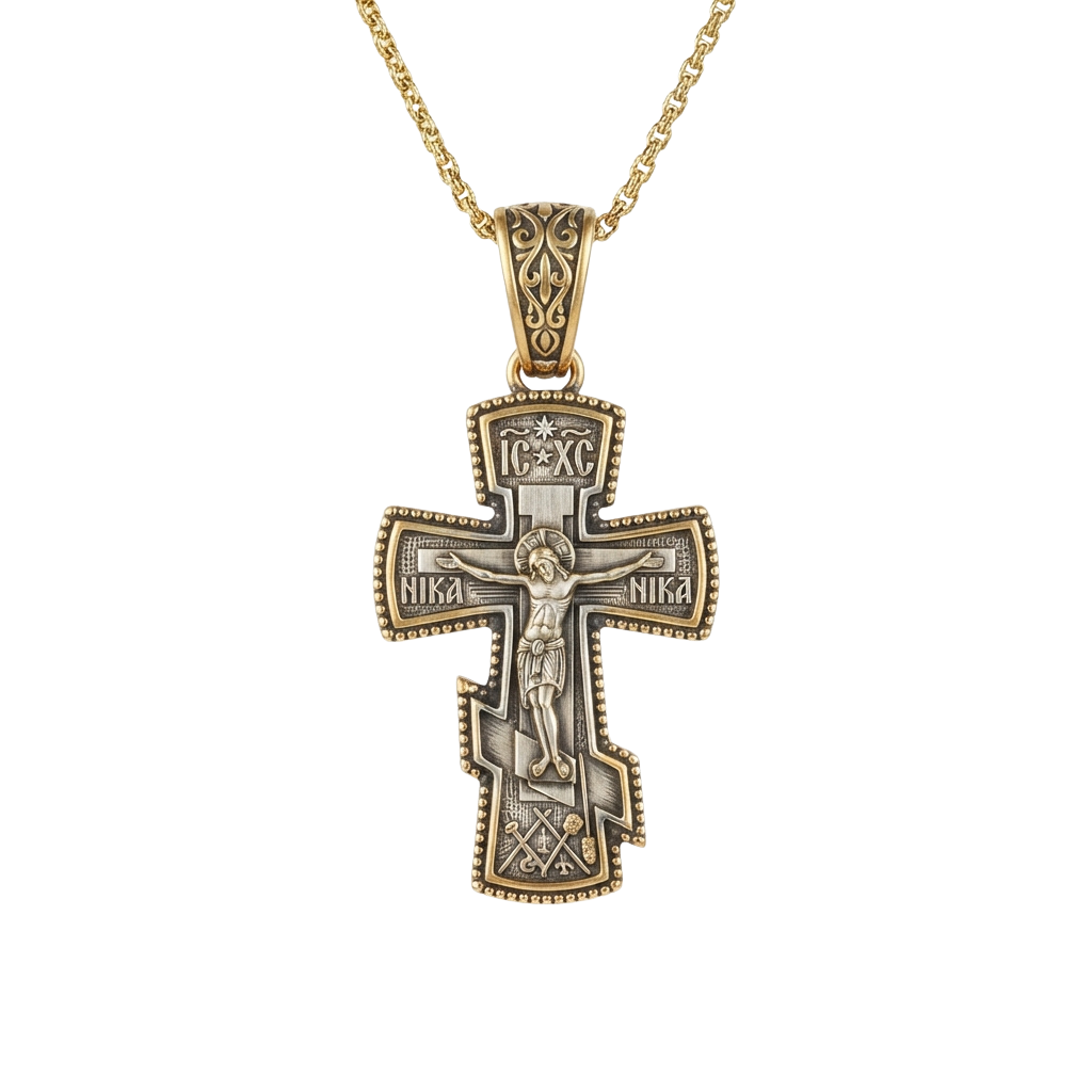 Gold-toned cross pendant featuring an engraved depiction of Jesus Christ on the cross, surrounded by Cyrillic text and intricate designs.
