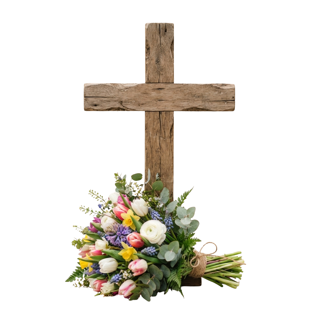 A wooden cross with a colorful bouquet of flowers placed at its base