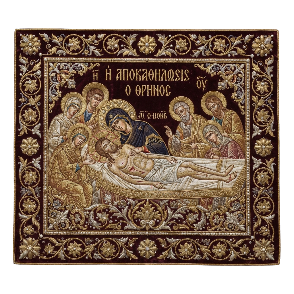 Religious icon showing Jesus in a tomb surrounded by mourners, including Mary and disciples, in Byzantine artistic style.
