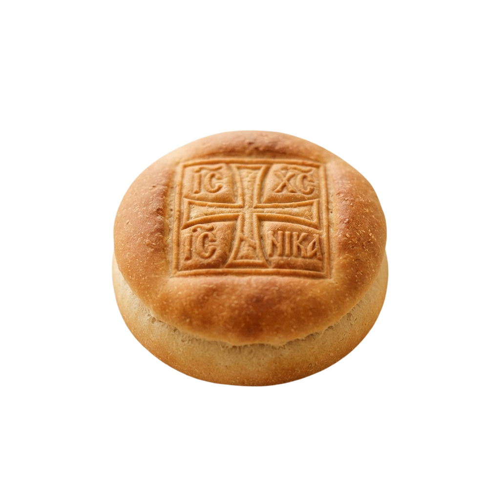 Round bread with an embossed cross symbol and IC XC inscription on top