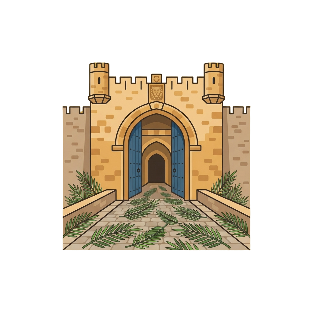 A castle gate with a blue arched door, stone walls, and a pathway lined with greenery and palm fronds