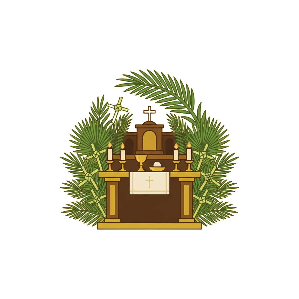 Illustration of an altar with two lit candles, a chalice, and a cross, framed by green laurel wreaths