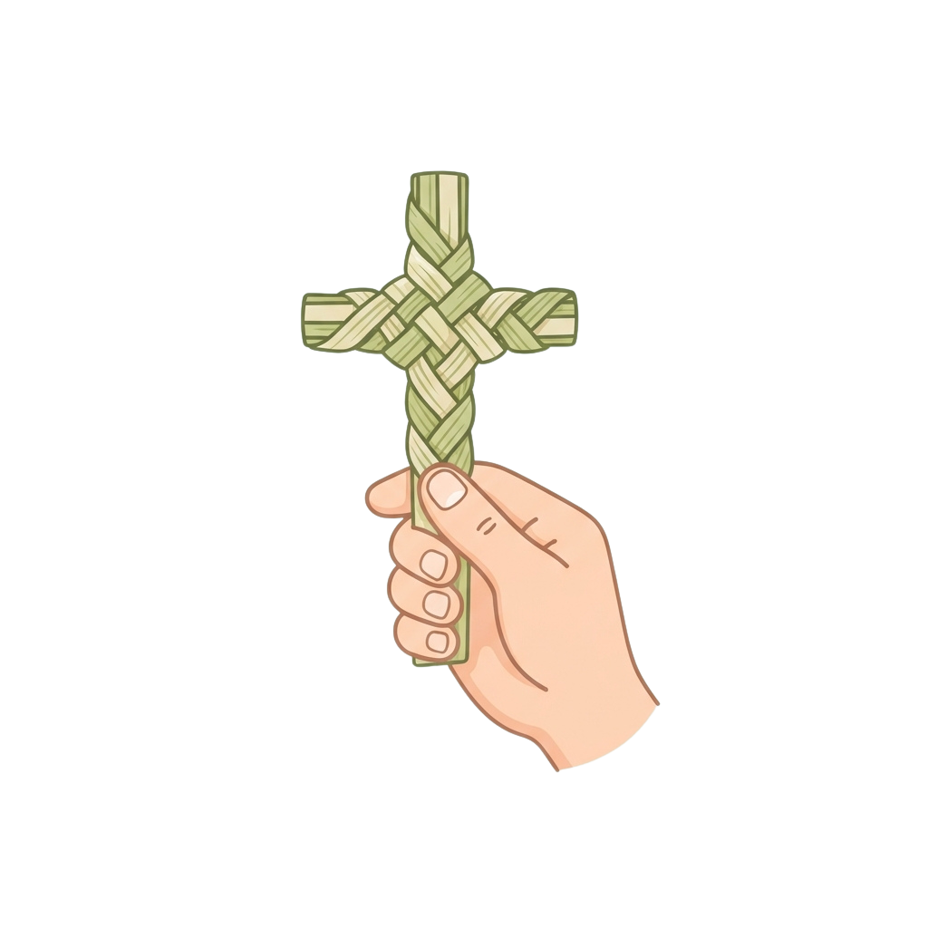 A hand holding a woven palm cross against a black background