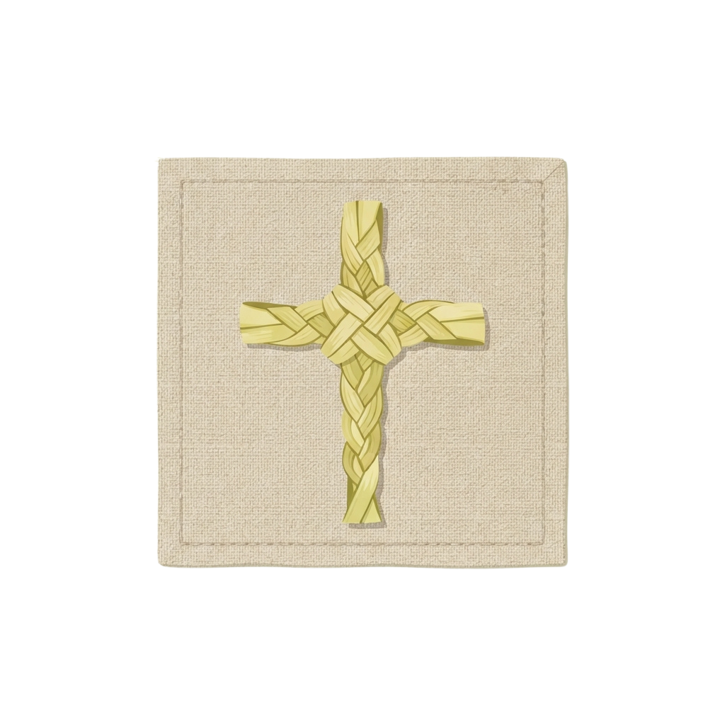 A woven palm frond cross on a light beige background