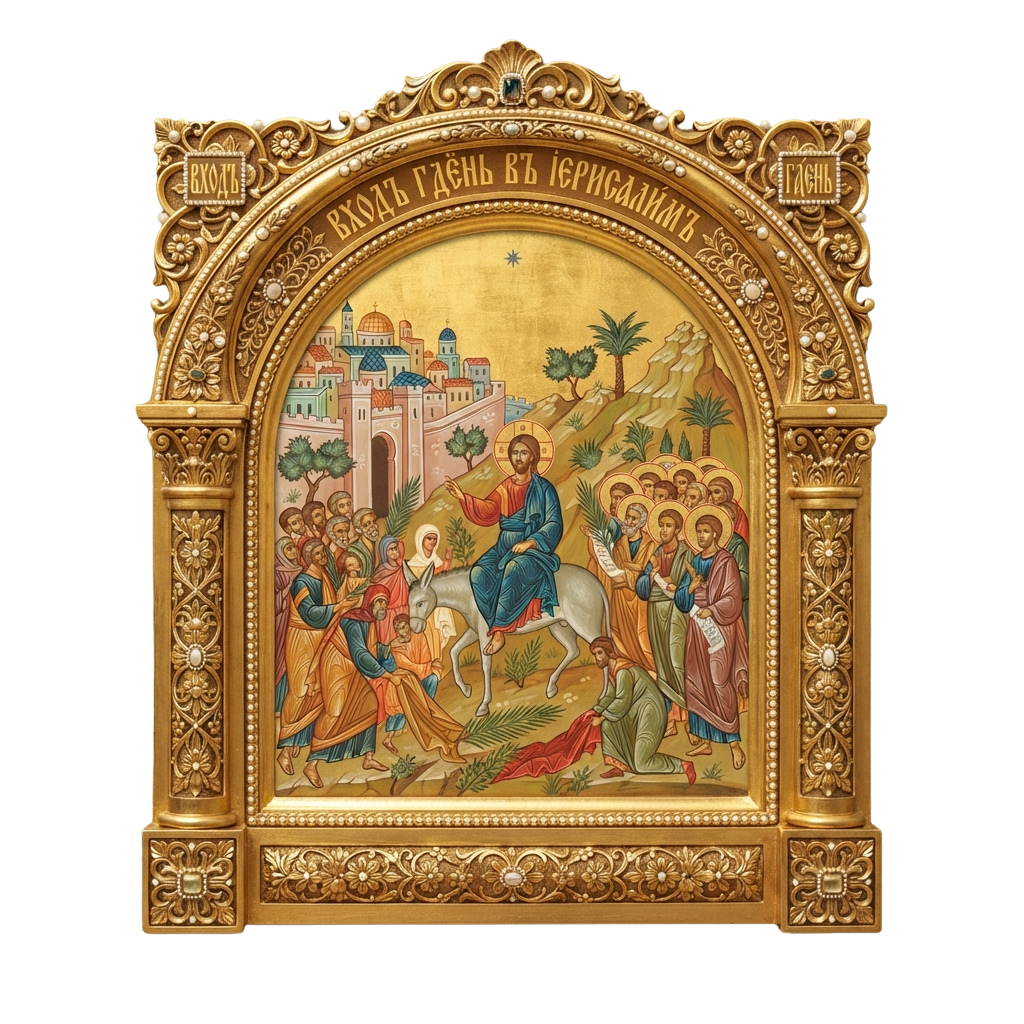 Religious icon depicting Jesus riding a donkey into Jerusalem with followers and palm branches, framed in ornate gold.