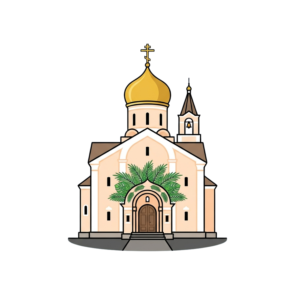 Illustration of an Eastern Orthodox church with a golden dome and green foliage above the entrance