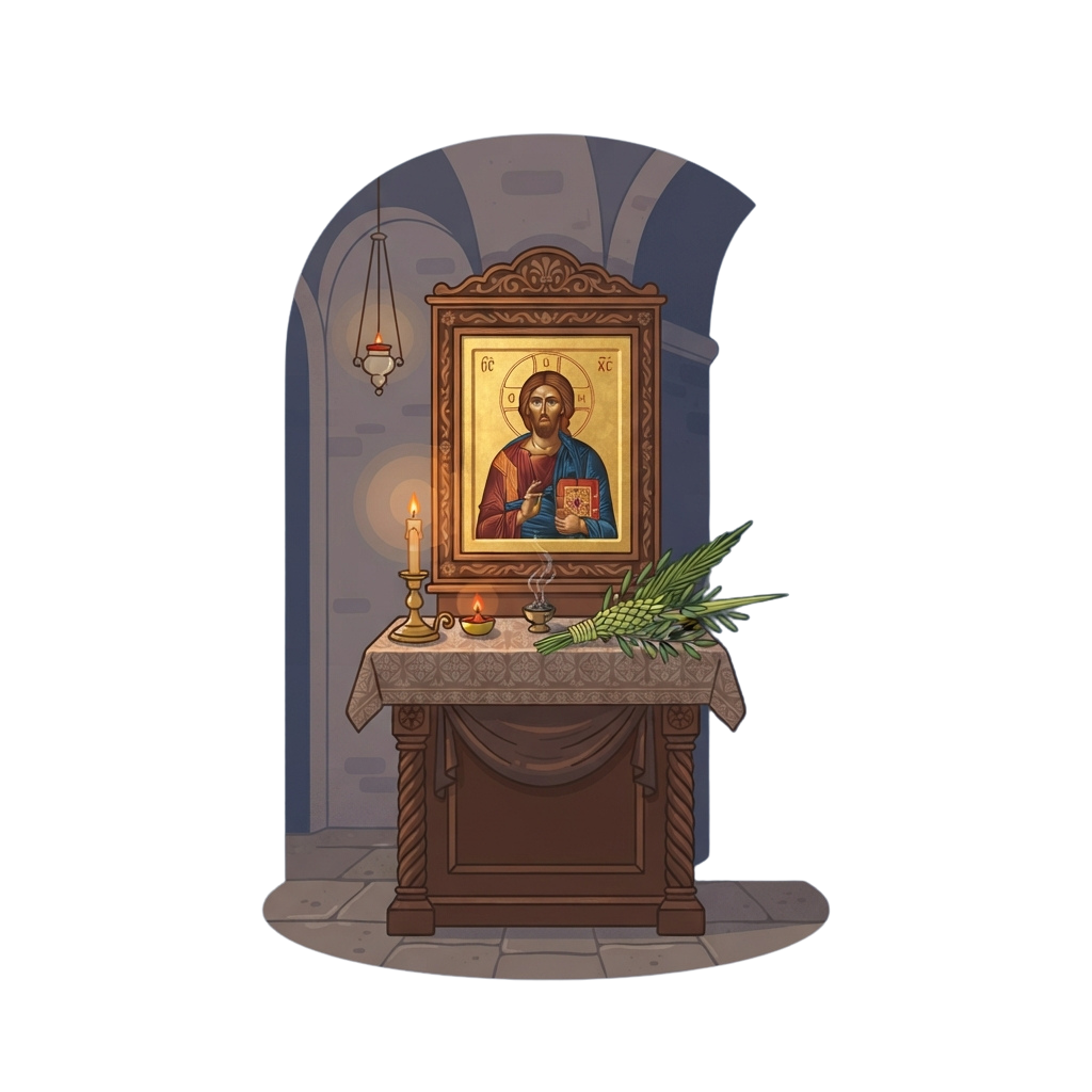 An ornate wooden altar with an icon of a bearded figure holding a book, candles, and a palm branch.
