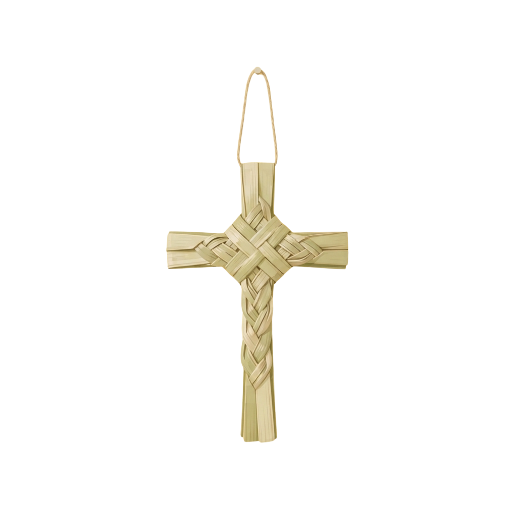 A light-colored woven straw cross hanging on a black background with a loop at the top
