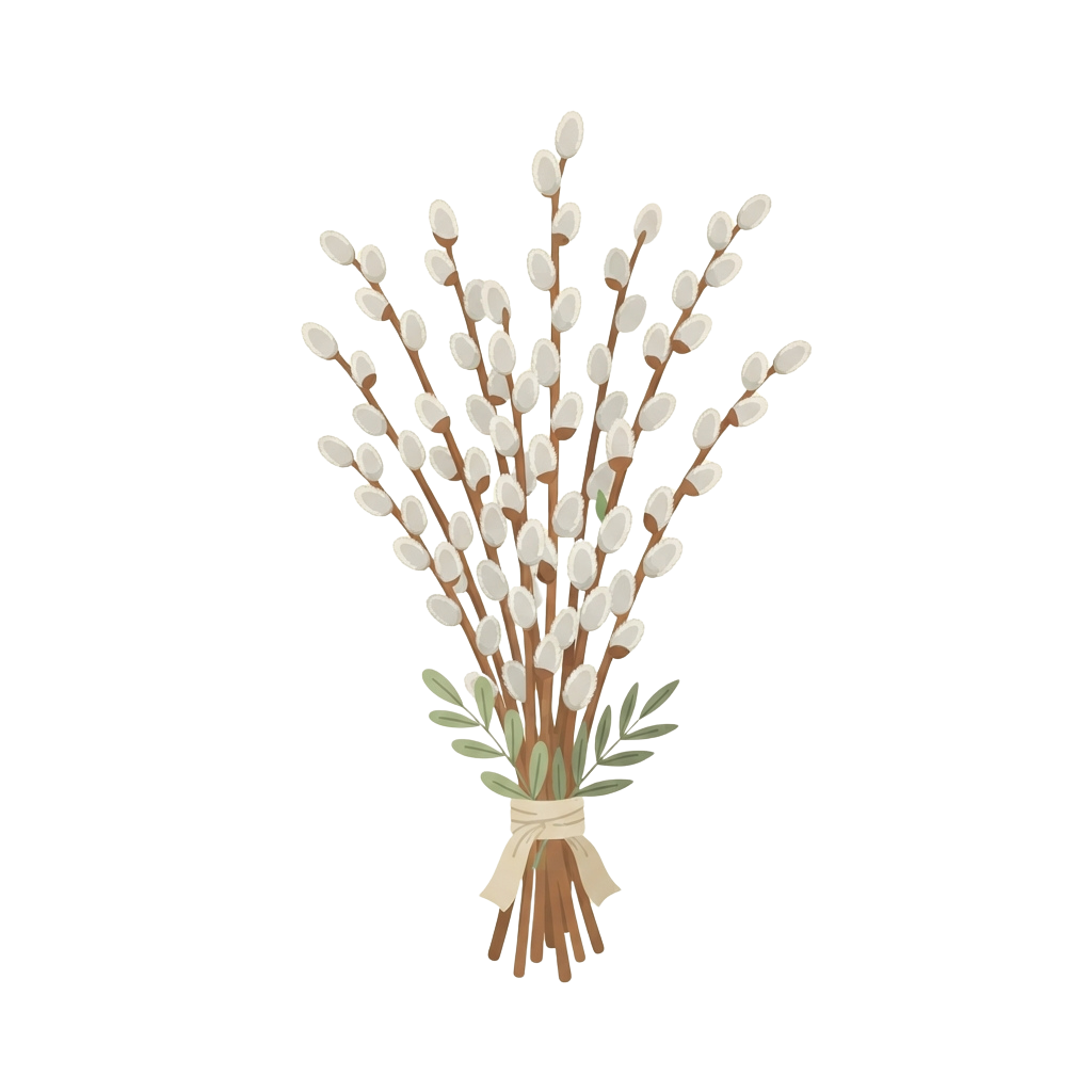 Bundle of pussy willow branches tied with twine and greenery at the base