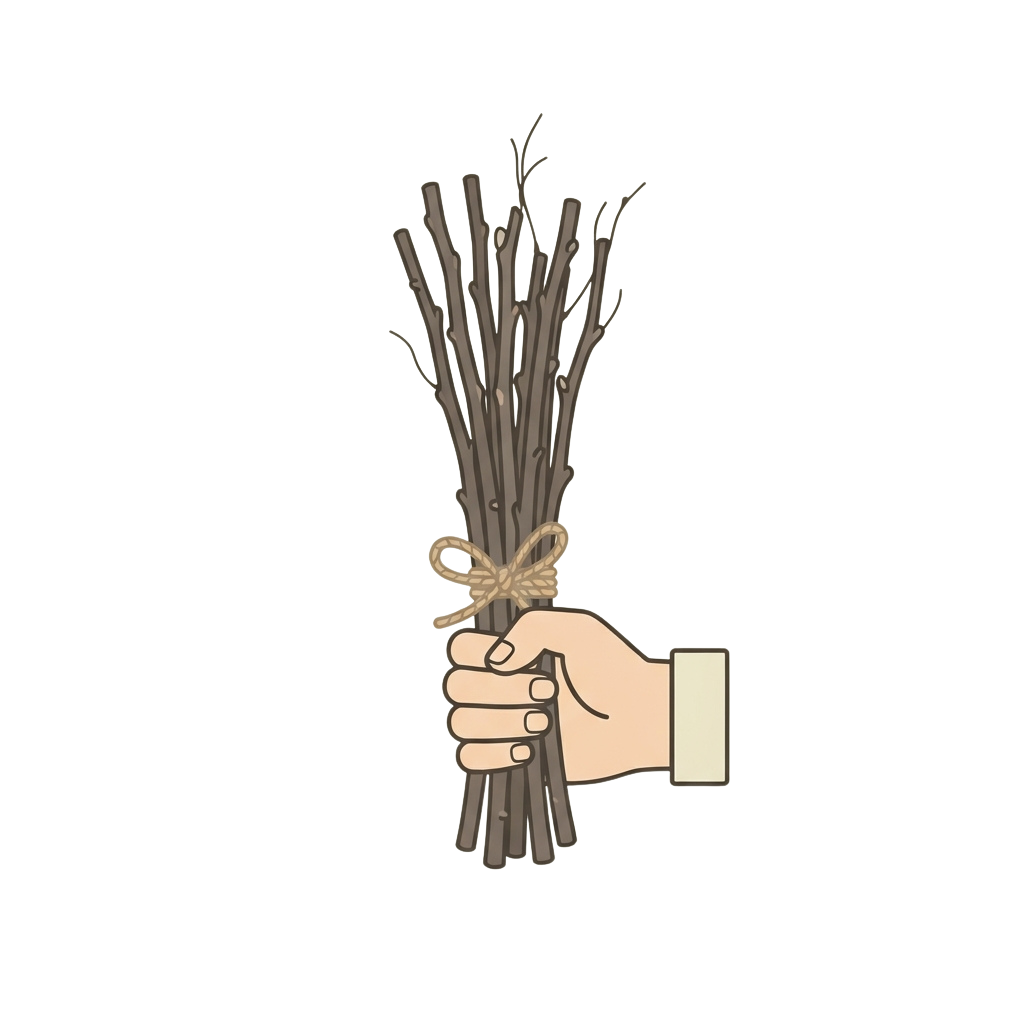 A hand holding a bundle of thin twigs tied together with string