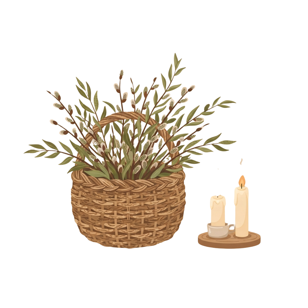 A woven basket filled with pussy willow branches and two lit candles on a holder.