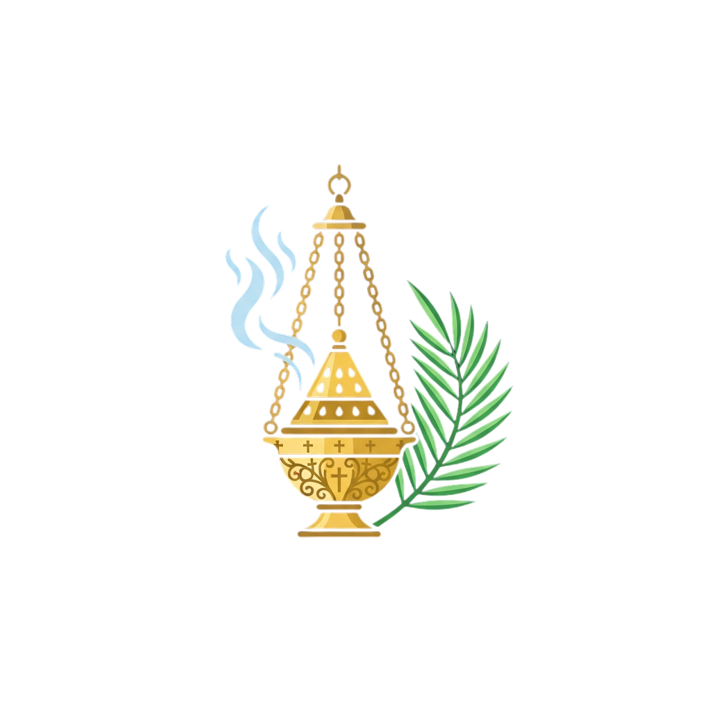Illustration of a golden thurible emitting smoke next to a green palm frond on a black background