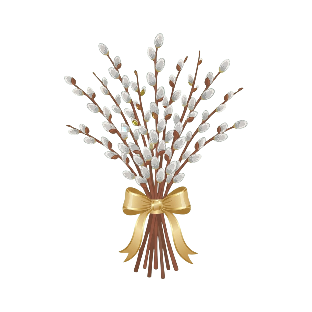 A bundle of pussy willow branches tied together with a golden ribbon against a black background