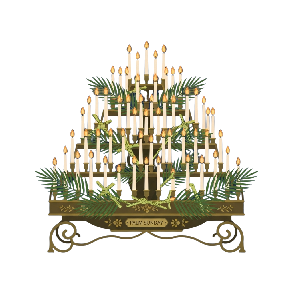 Illustration of a tiered candelabrum with lit candles and palm fronds labeled Palm Sunday