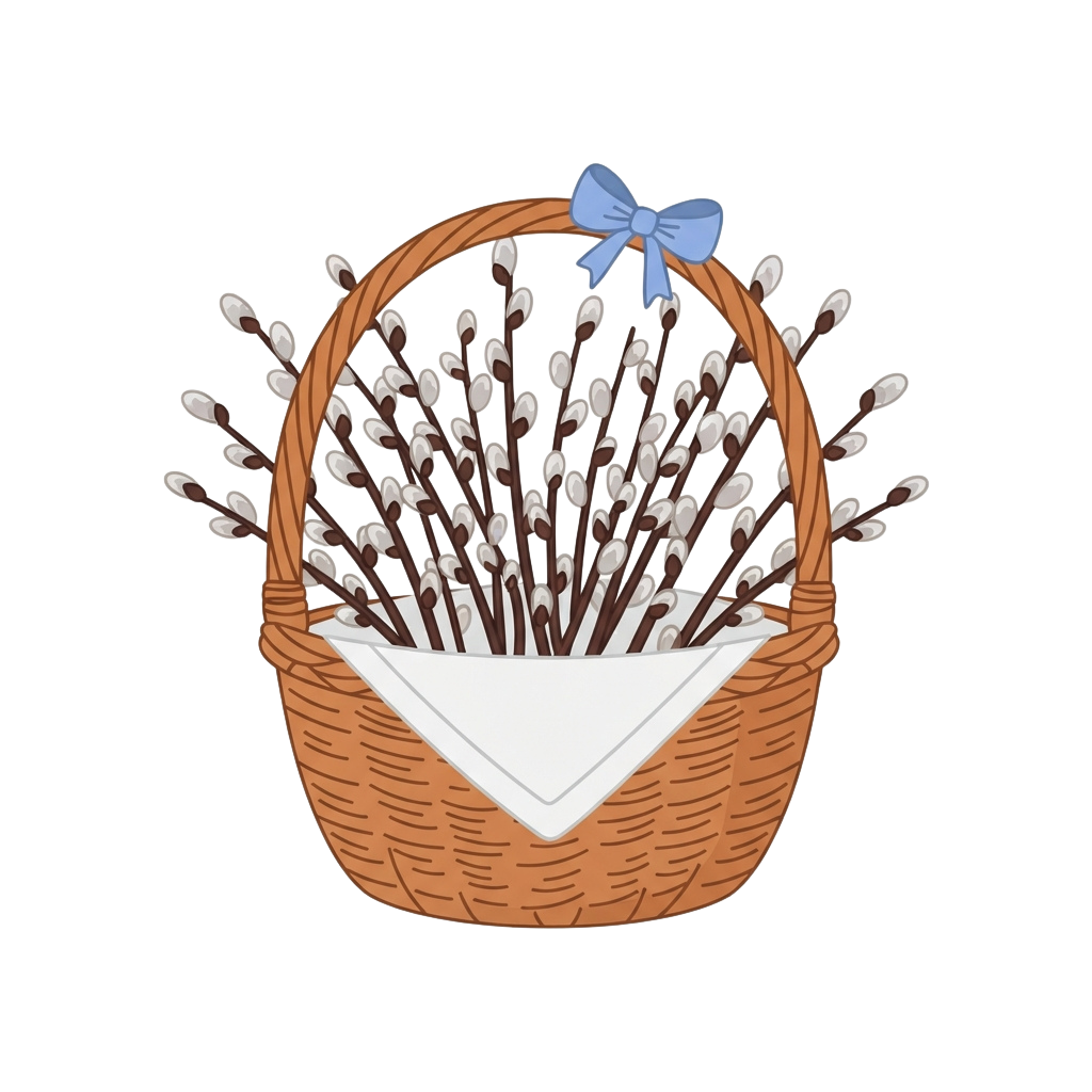 A wicker basket filled with pussy willow branches, topped with a blue decorative bow.