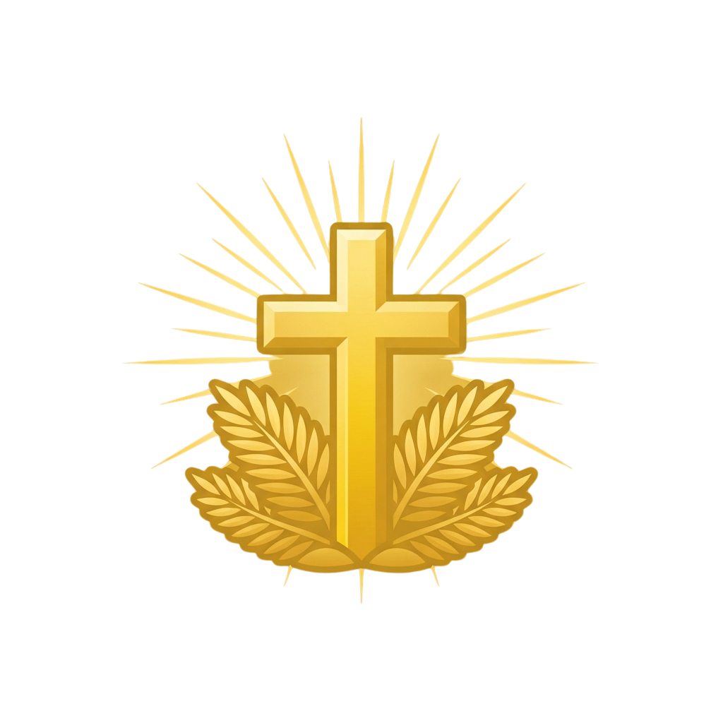 A golden cross with sun rays and a laurel wreath at the base on a black background