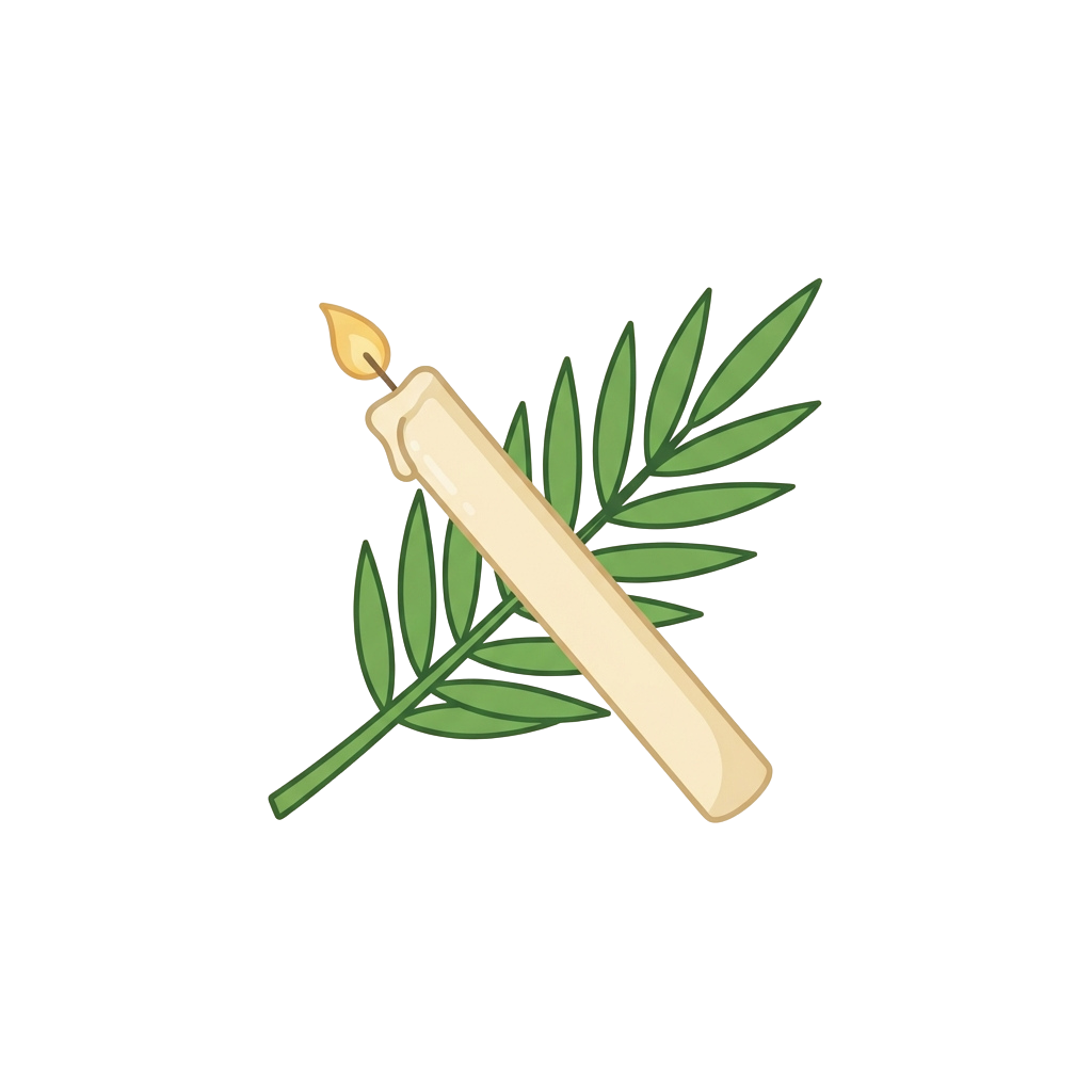 Illustration of a lit candle crossed with an olive branch on a black background