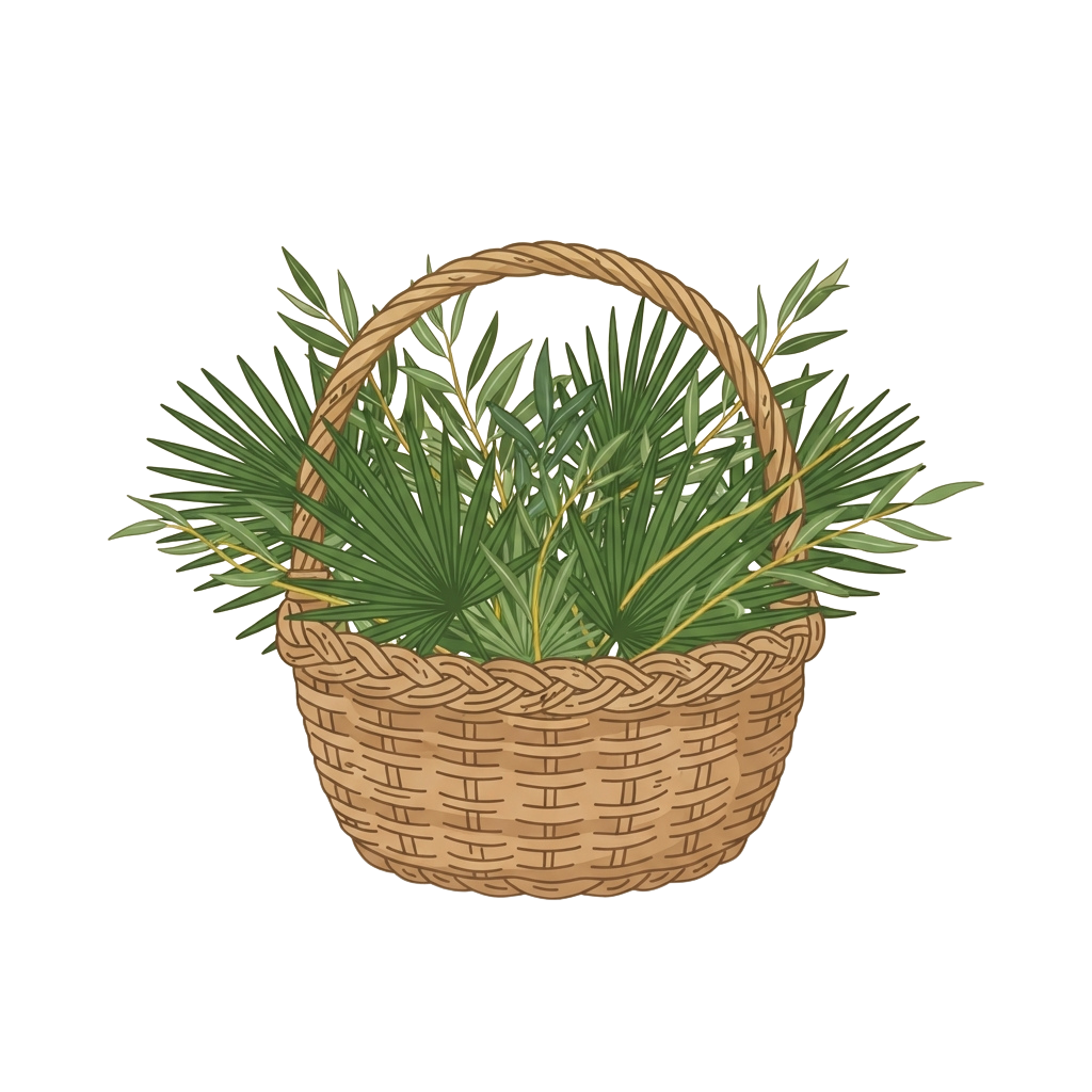 A light brown woven basket filled with fresh green pine branches and sprigs