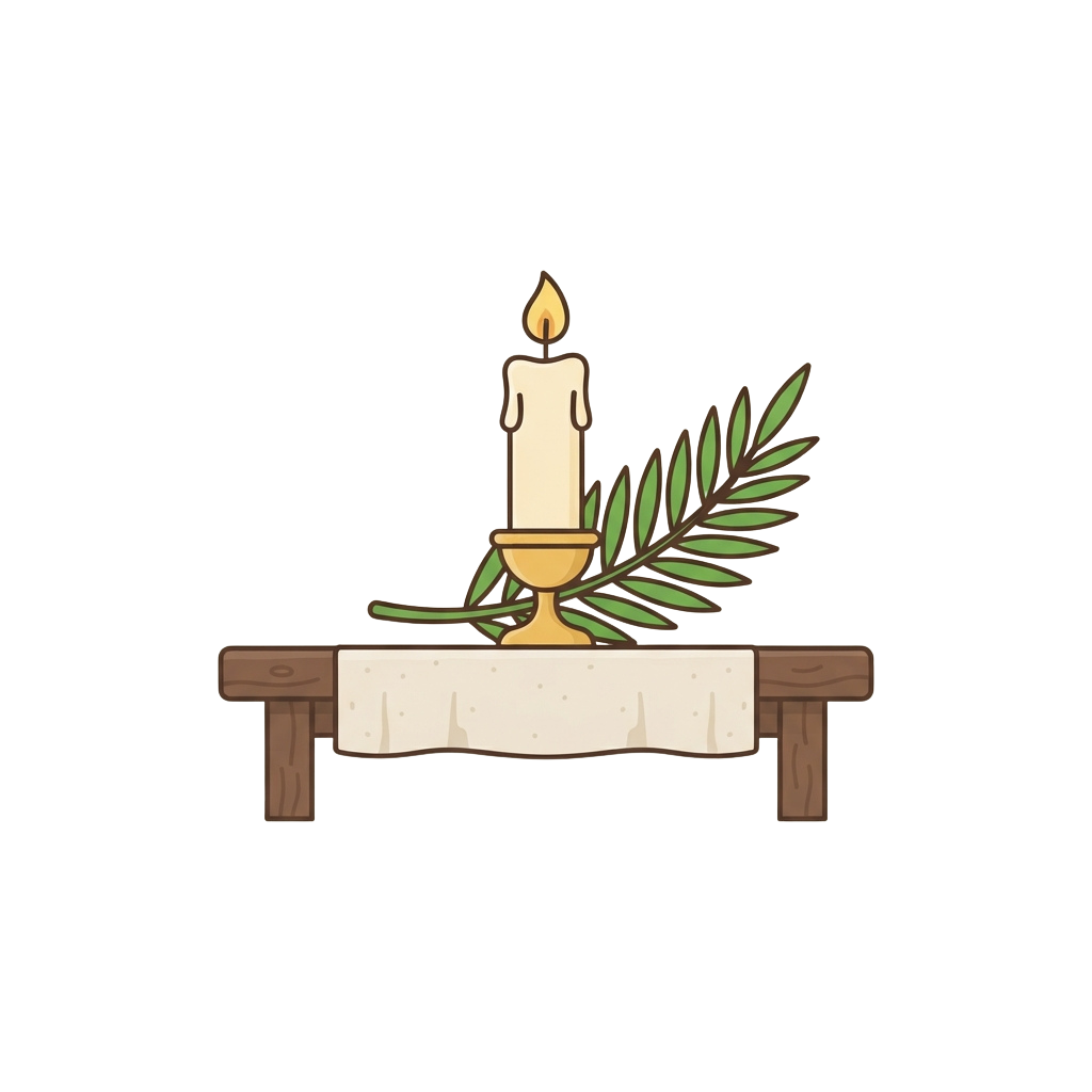 Illustration of a lit candle in a holder on a table with a green palm branch beside it