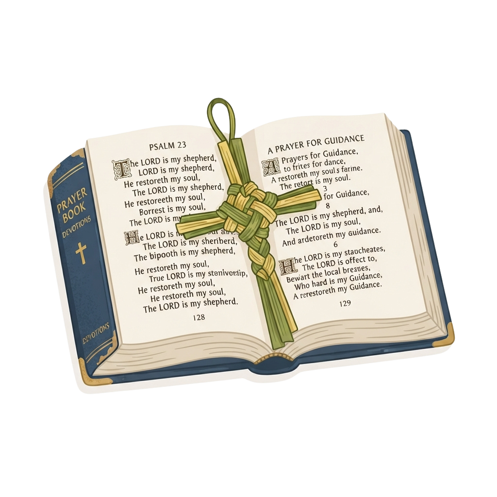 Open book displaying Psalm 23 and a prayer for guidance with a woven cross bookmark on page 128