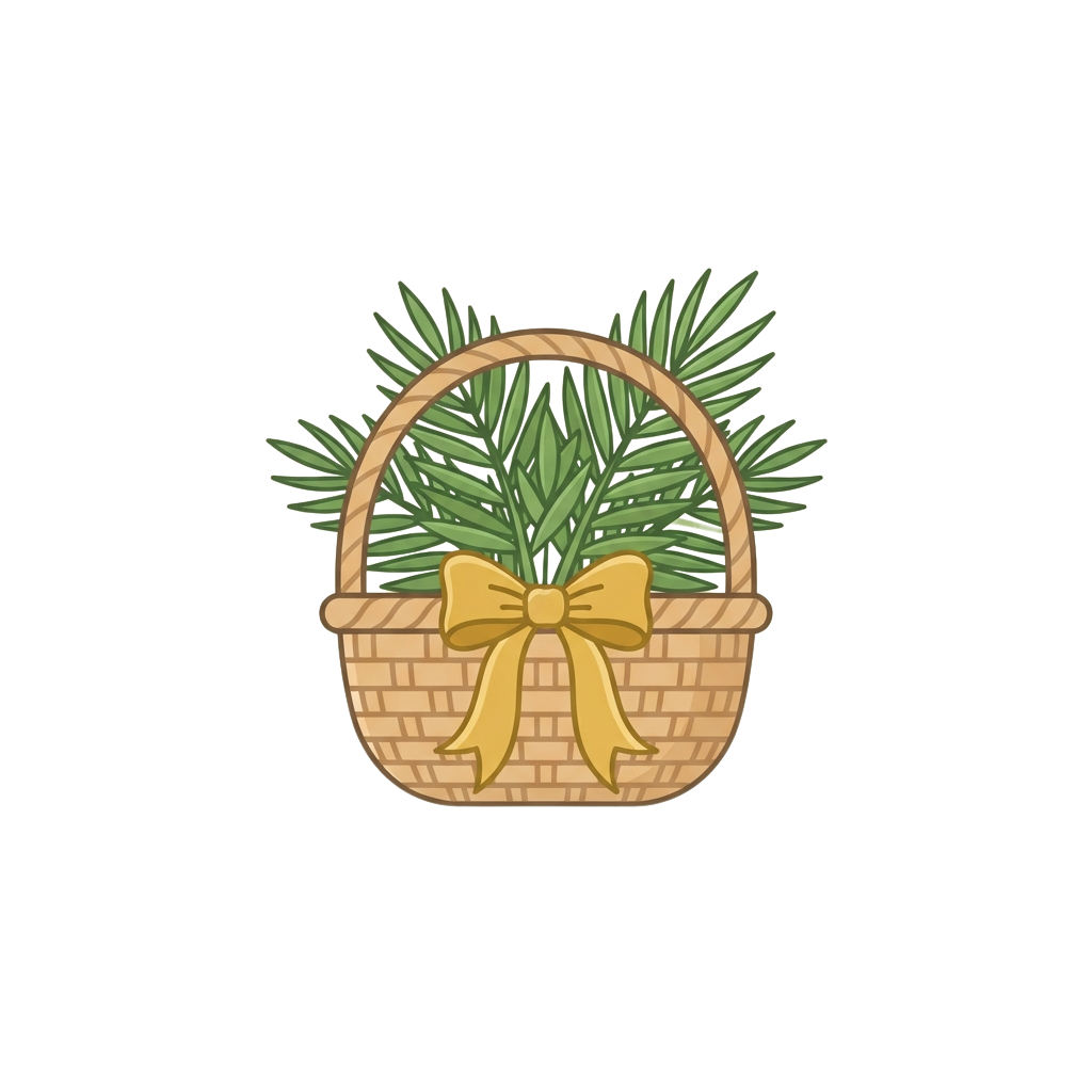 A wicker basket filled with green pine branches tied with a yellow bow on a black background