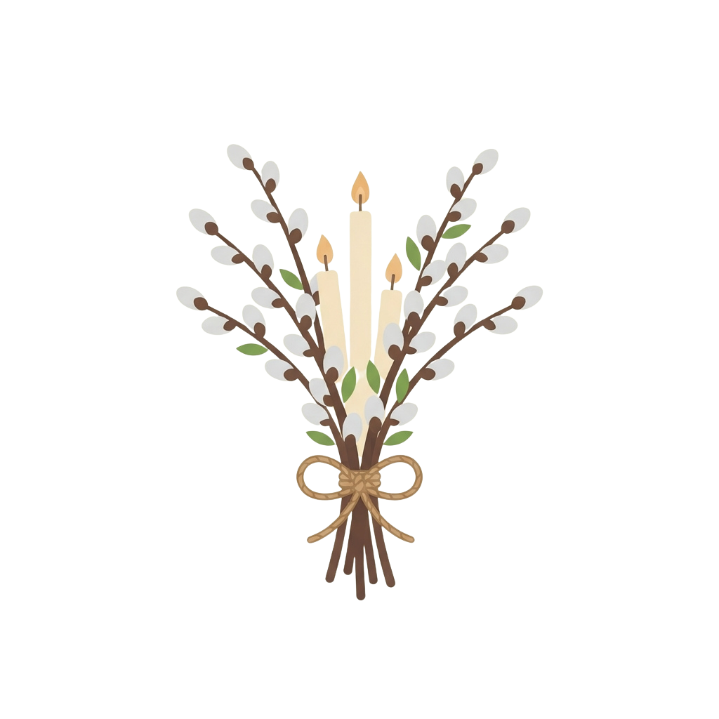 Decorative bundle of pussy willow branches tied with a bow and three lit candles