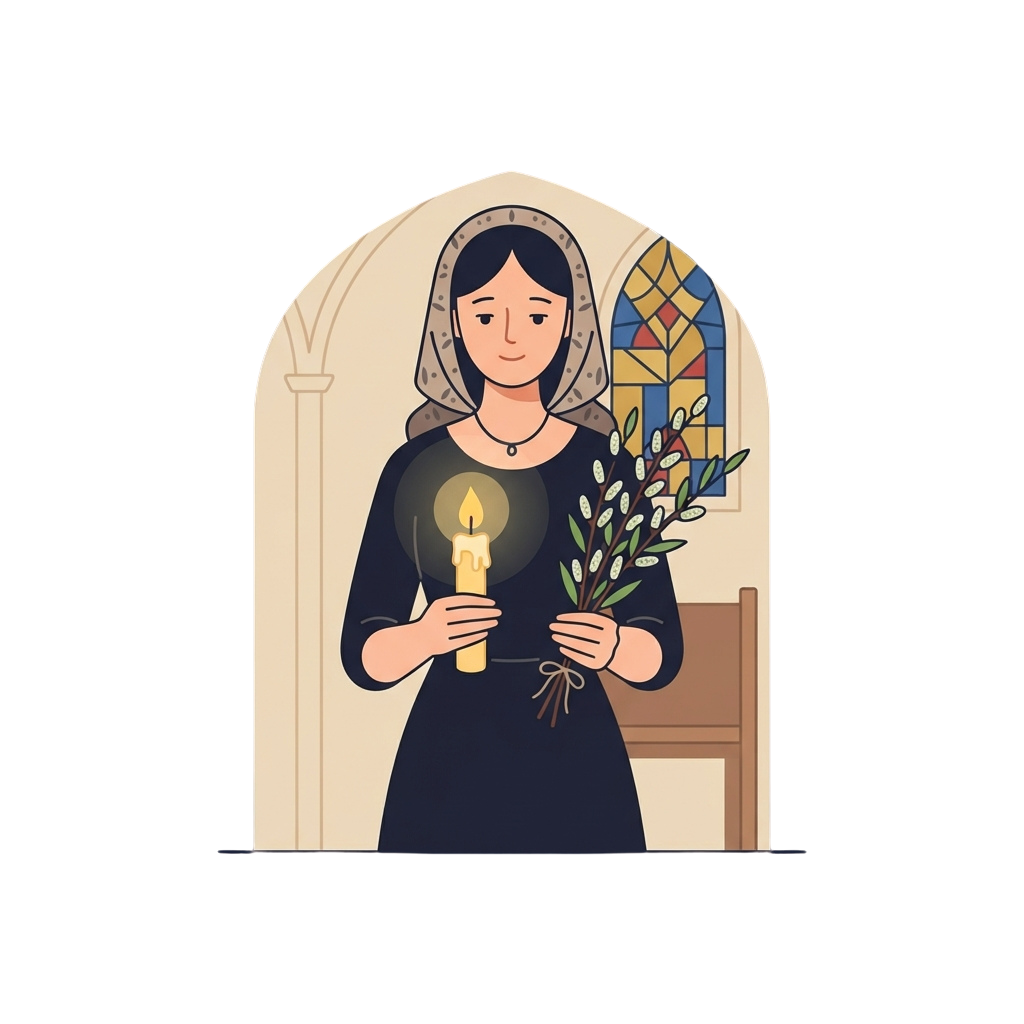 Illustration of a woman holding a lit candle and a branch of flowers inside a church doorway with stained glass in the background
