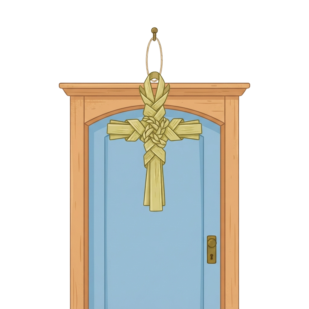A woven straw cross decoration hanging on a string above a blue door with a wooden frame