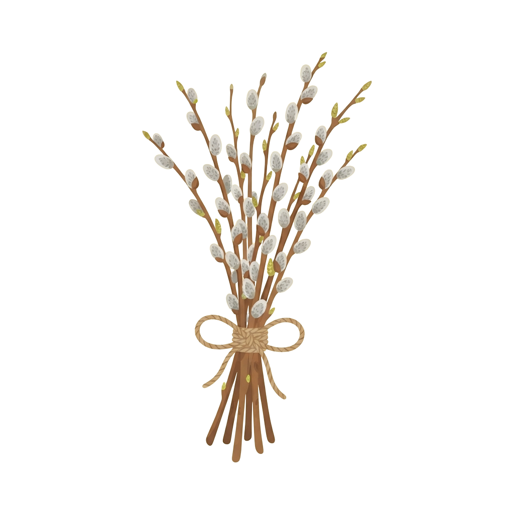 Bundle of pussy willow branches tied with a ribbon against a black background