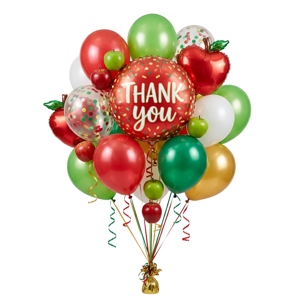 Colorful balloon bouquet with a large thank you balloon and apple-shaped balloons in red, green, and white