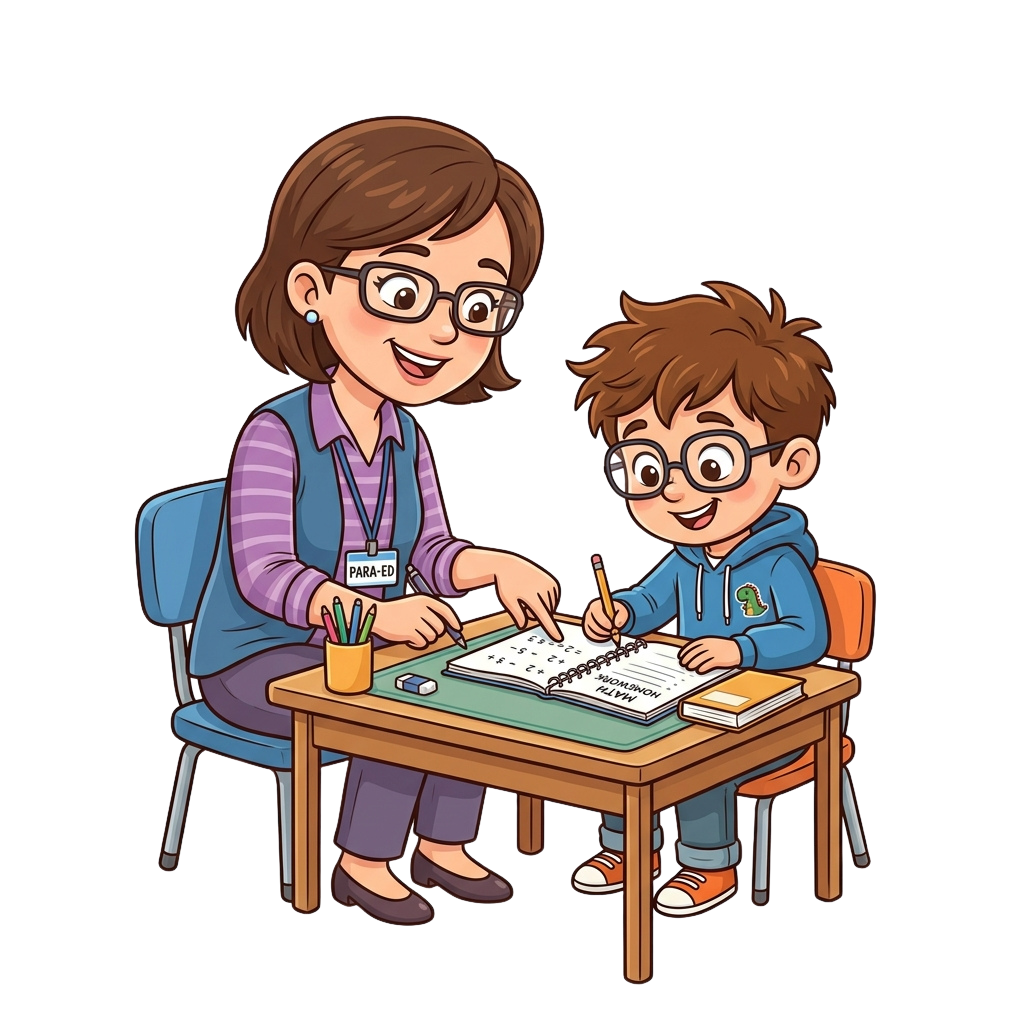 A teacher and student sitting together at a desk, working on a worksheet with pencils and books nearby
