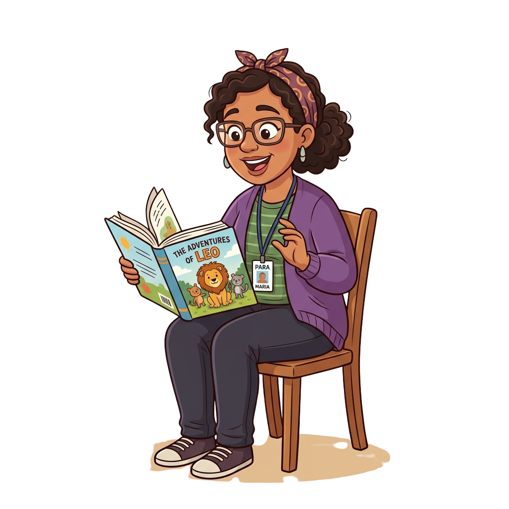 Illustration of a smiling child wearing glasses and a lanyard, reading a colorful book titled The Adventures of Leo