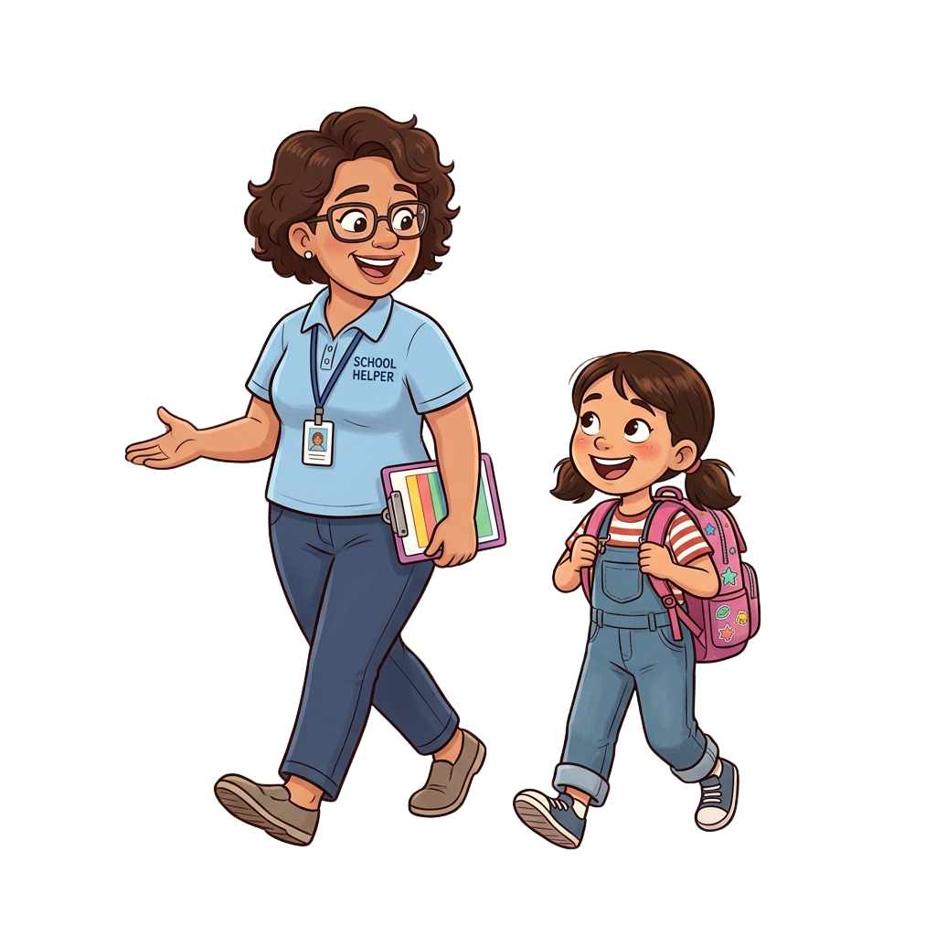 A school helper and a young student walking together smiling, holding books and backpacks
