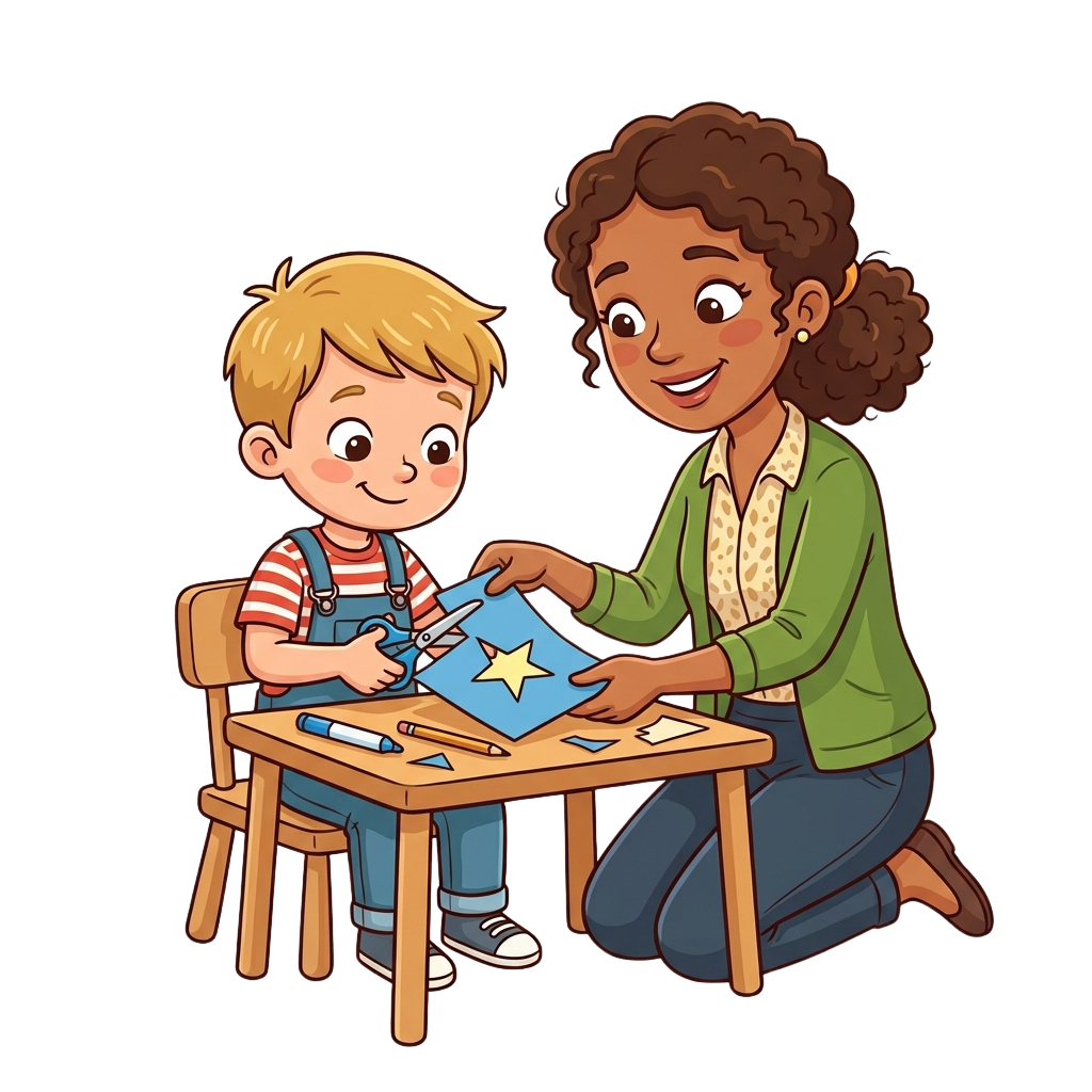 A young child and an adult sitting at a table cutting out a star shape together using scissors and paper.