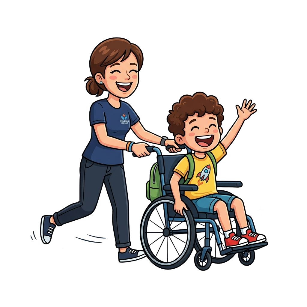 Smiling adult supporting a joyful child in a wheelchair, both waving happily.